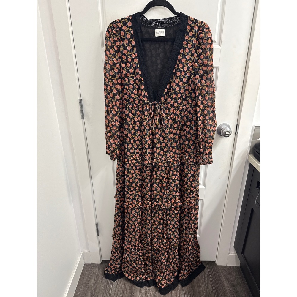Saylor Women Black Floral Tiered Maxi Dress Lace Trim V-Neck Metallic Gold M